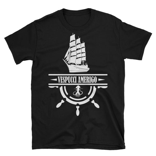 Nautical Ship Printed Short Sleeve Round Neck Black Cotton T-Shirt for Men - FlorenceLand